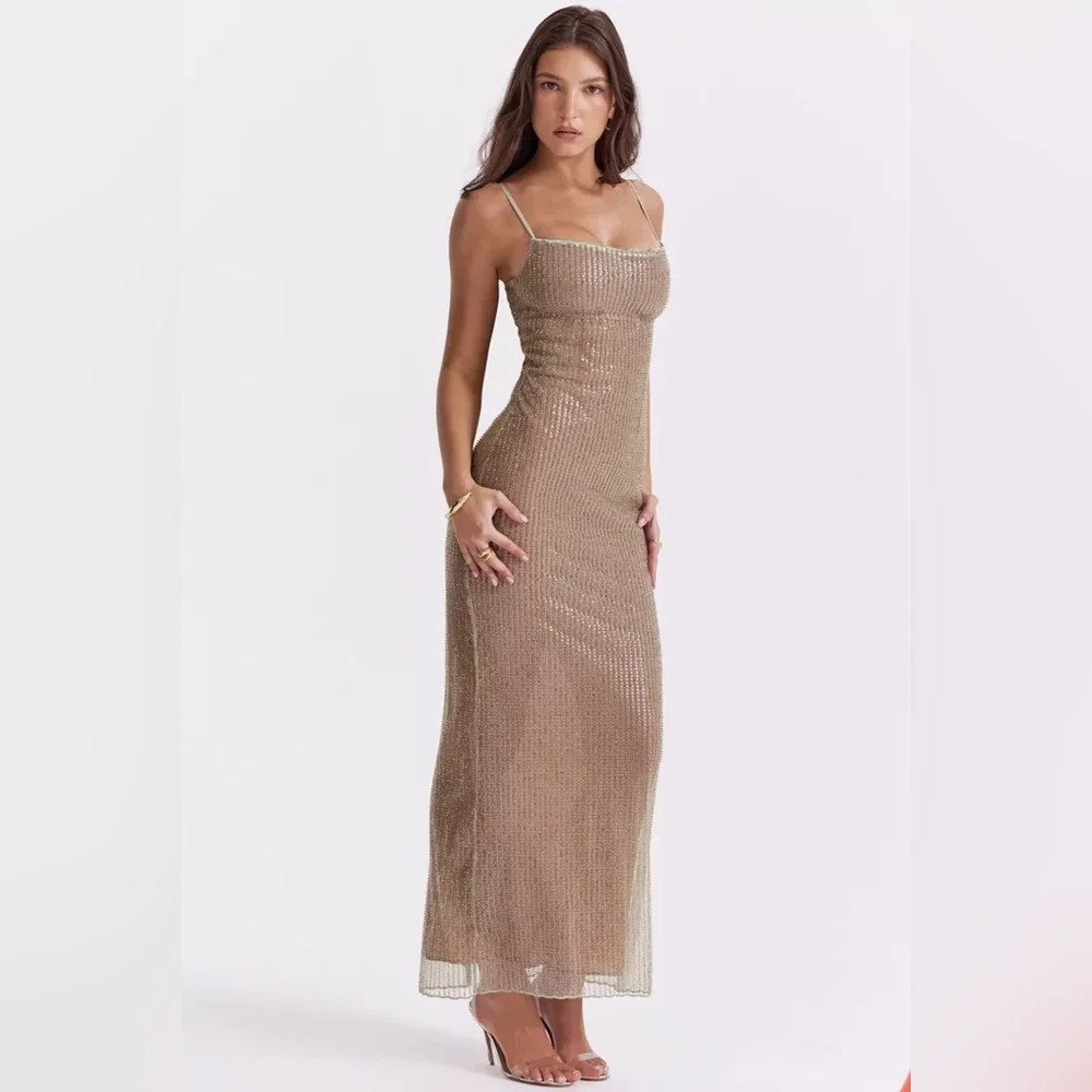 HOUSE OF CB 'Alondra' Cafe Au Lait Beaded Maxi Dress - Picture 2 of 9